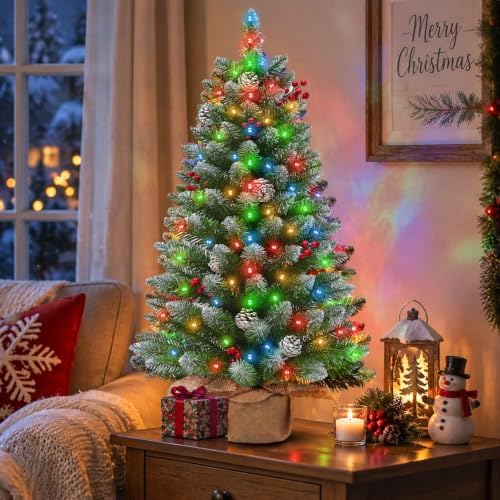 Timer - 3FT Artificial Mini Christmas Tree, Snowy Tabletop Christmas Tree