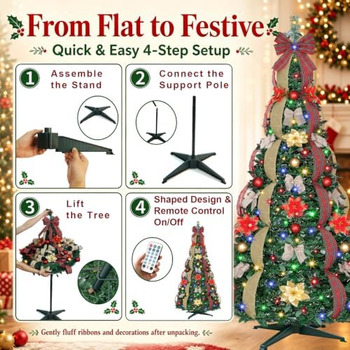 6 Ft Pop up Tree Pre-Lit Christmas Trees, Pop up Christmas Tree 200 LED Collapsible Christmas Tree Plug-in with Remote Timer 8 Lighting Modes for Outdoor Indoor Party Christmas Decor