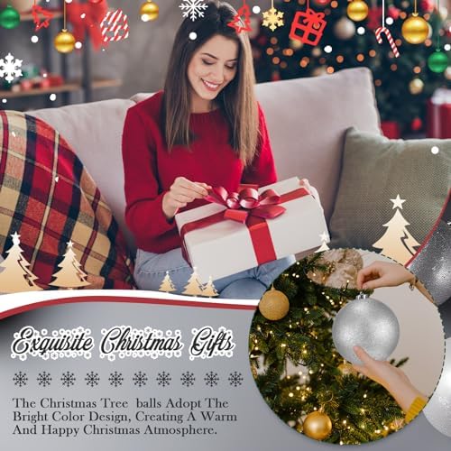 Poen 12 Pcs 6 Inch Large Glitter Christmas Ball Ornament, Silver