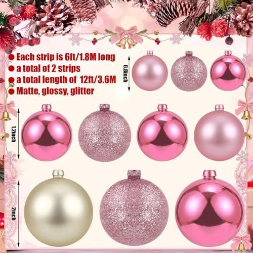 2 Pcs 6 ft Christmas Ball Ornament Garland, Pink, Champagne Gold