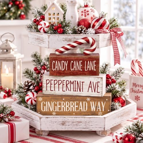 Moucuny 4 Pcs Christmas Table Decor Candy Cane Lane Sign, Wood Block Set
