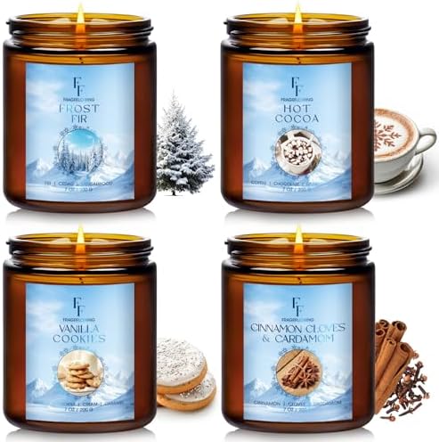 Christmas Candles, Winter Scented Candles for Home, 4 Pack Holiday Natural Soy Candles, Gifts for Women Men, Fragrance of Fir/Hot Cocoa/Vanilla Cookies/Cinnamon