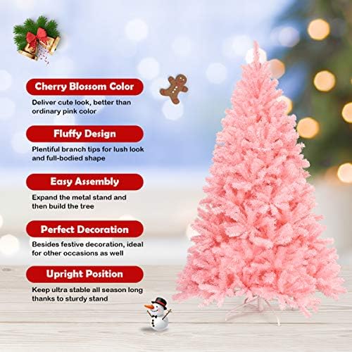 HAPPYGRILL 6FT Artificial Pink Christmas Tree with Stand New PVC Material Rich Thicken Tips Christmas Festival Decoration