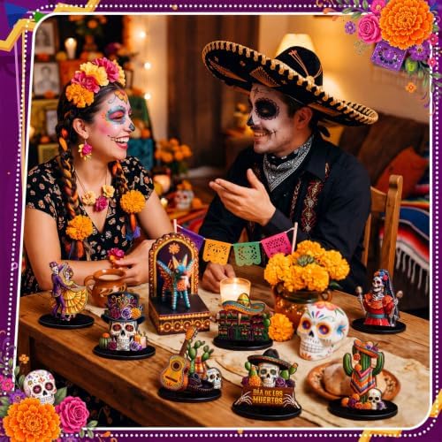 Leinuosen 12 Pcs Day of the Dead Table Decor Skull Wooden Tiered Tray Decor Dia De Muertos Centerpiece Guitar Cactus Sombreros Wooden Sign Day of the Dead Table Decorations for Home Kitchen