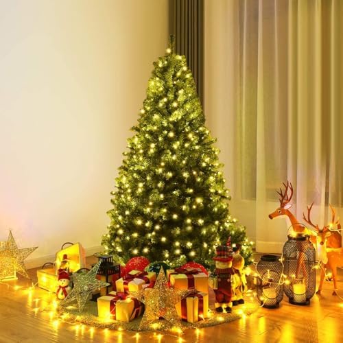 HAPPYGRILL 5FT Pre-lit Artificial Christmas Tree with 600 PVC Branch Tips, Foldable Base, Premium Hinged Spruce Xmas Tree with 11 Color Modes Lights for Holiday Decoration
