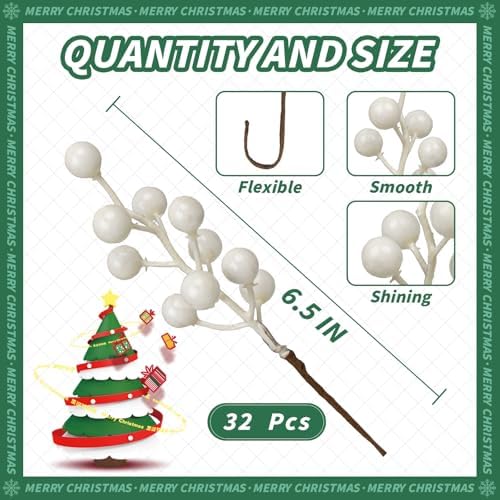 LLZLL 32 Pack Christmas Picks Artificial Christmas Tree Berries 6.5 Inch Holly Berry Stems for Winter Xmas Holiday DIY Ornaments（White）