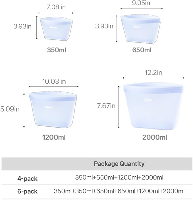 4-Pack Silicone Reusable Stand Up Zip Lock Bag Food Storage Bags, Multi-Use Food Storage Bags, Lunch Bag, Travel Containers, Leak-free, Dishwasher-Safe, Freezer-Safe, light blue