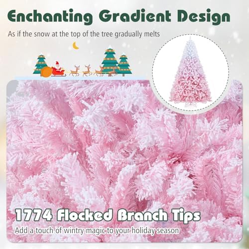 HAPPYGRILL 8 FT Pre-lit Flocked Christmas Tree Pink Hinged Xmas Tree with 1774 Branch Tips, 470 Warm White LED Lights & Folding Metal Stand, for Home Office Carnival