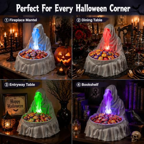 basen Halloween Candy Bowl, White LED Grim Reaper Resin Tabletop Decor
