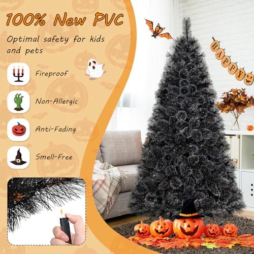 HAPPYGRILL 7 FT Pre-lit Black Christmas Tree, Artificial Halloween Tree w/572 Branch Tips, Frosted Pine Needles, 320 White LED Lights, Folding Metal Stand & Gloves, Hinged Xmas Tree for Carnival