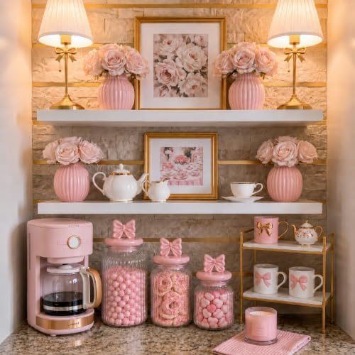 Mimorou 3 Set Pink Bow Candy Glass Jars with Ceramic Lids 44oz 33oz 22oz Summer Bow Cookie Jars Airtight Glass Food Storage Containers for Spring Summer Party Tea Cookie Snacks Sugar