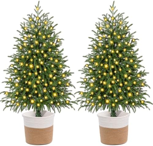 3FT 2PCS Small Christmas Tree with Lights, Pre-Lit Norfolk Pine Tree Potted