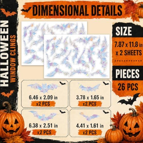 Halloween Bat Rainbow Window Clings, 26 Bats Suncatcher Sticker Decorations