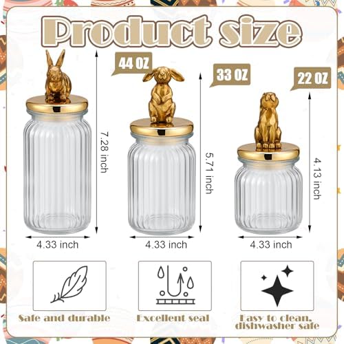 Mimorou 3 Set Easter Cookie Jar with Ceramic Bunny Lid 44oz 33oz 22oz Glass Candy Jar Food Storage Canister with Airtight Gold Lid for Easter Party Spring Tea Table Decoration