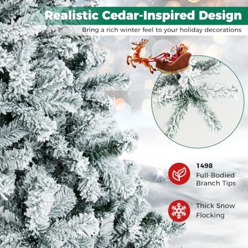 HAPPYGRILL 9 FT Flocked Christmas Tree Artificial Xmas Tree with 1498 PVC Branch Tips, Hinged Xmas Tree Life-Like Seasonal Holiday Tree for Home Office