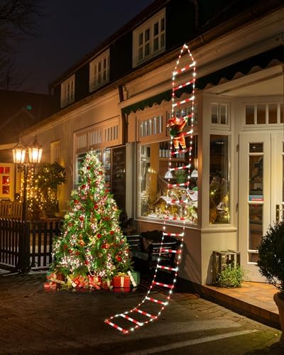 Toodour LED Christmas Lights - 10ft Christmas Decorative Ladder Lights with Santa Claus, Xmas Decorations Light for Indoor Outdoor, Window, Garden, Home, Wall, Xmas Tree Decor - White & Red