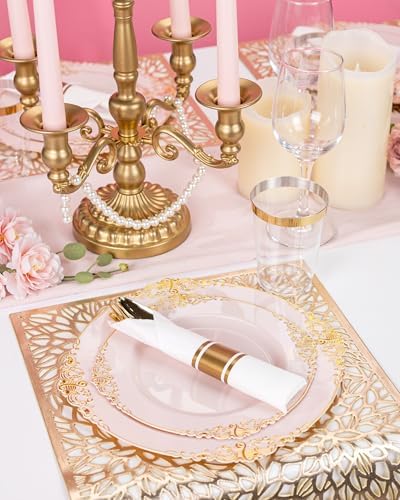 Nervure 700Pcs Pink Plastic Plates, Plastic Dinnerware Set for 100 Guests