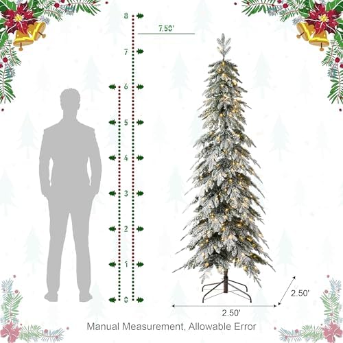 Glitzhome 7.5ft Prelit Christmas Tree, Artificial Christmas Tree with 350 Warm White Lights, Flocked Pencil Christmas Trees Chicago Frostwood Spruce with 1,211 PE&PVC Branch Tips,Sturdy Metal Stand