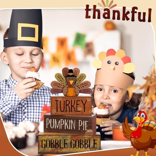 Lineshading 4 Pcs Thanksgiving Table Decoration, Turkey Wooden Block Signs