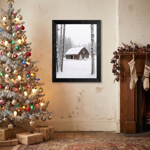 Framed Barn Canvas Wall Art, Winter Landscape, Black Frame Inch 8x10