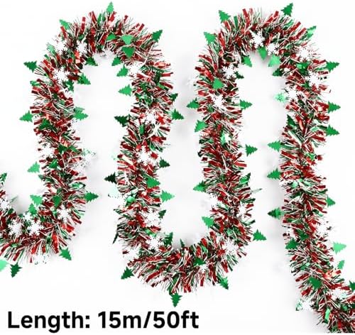 50 Feet Green Red Christmas Metallic Tinsel Twist Hanging Garland with Snowflake Xmas Tree for Home Mantle Xmas Tree Staircase Railing New Year Holiday Party Indoor Outdoor Decorations