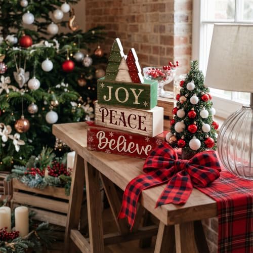 Lineshading 4 Pcs Christmas Table Decor, Wooden Tree Block Sign Home Tray