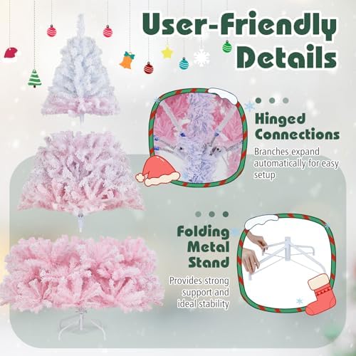 HAPPYGRILL 6 FT Pre-lit Flocked Christmas Tree Pink Hinged Xmas Tree with 820 Branch Tips, 250 Warm White LED Lights & Folding Metal Stand, for Home Office Carnival