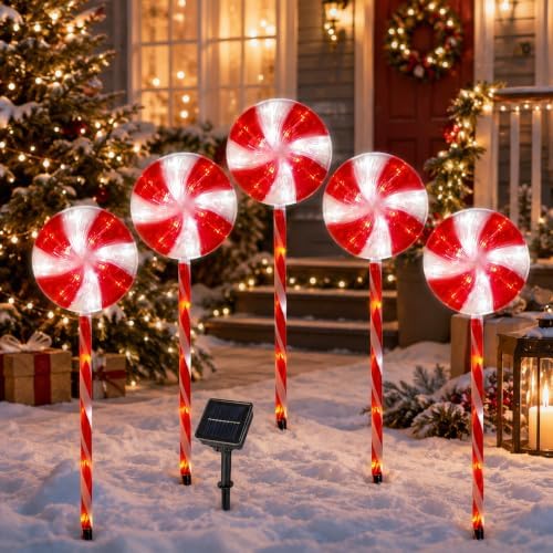 BRIGHTDECK 5 Pack Solar Christmas Pathway Lights, Red Lollipop Stakes