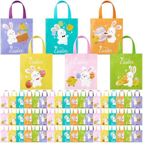 Sweetude 120 Pcs Easter Tote Bags Bulk with Handles Bunny Reusable Party Non Woven Treats Goodie Bags for Easter Party Supplies (Egg)