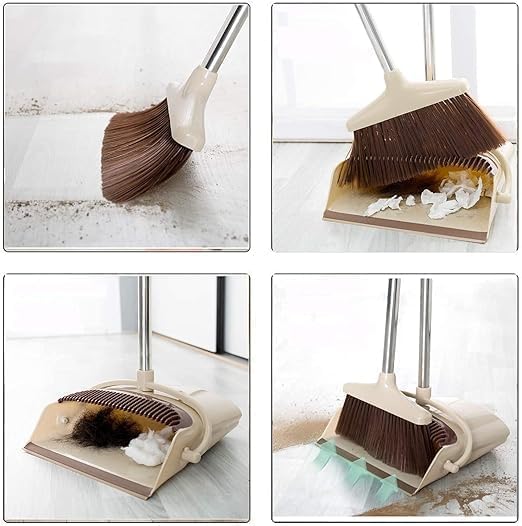 Stainless Steel & Plastic Broom Brush with Dustpan Combo Set,Premium 180° Rotating Removable Brush with Extendable Long Handle, Upright and Lightweight Floor Cleaning for Home Room Office Lobby