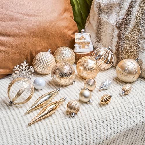 JORNOY 106Pcs Christmas Ornaments Set, Shatterproof Assorted Hanging Baubles Decorations Bulk for Christmas Tree Decorations Home Holiday Party Decor, Champagne