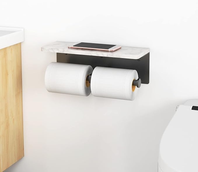 Gypie Toilet Paper Holder with Shelf, New Upgrade Double Toilet Paper Holder with Storage, Marble Roll Toilet Paper Wall Mount for Bathroom Washroom(Black)