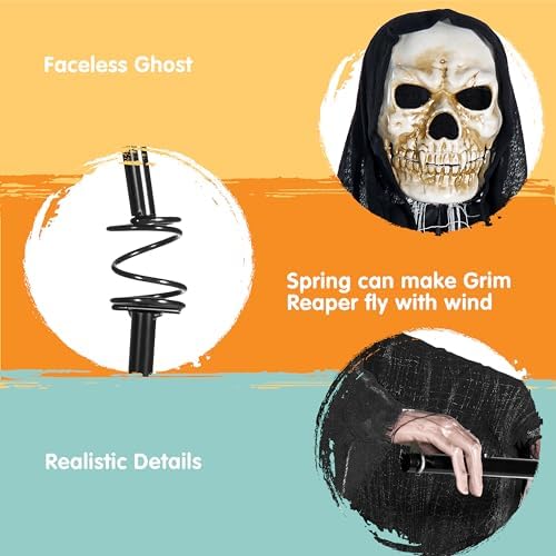 JOYIN Halloween Grim Reaper Decorations Outdoor Rotatable Flying Scream Scarecrow Skeleton Ghosts Decor for Graveyard Haunted House Props, Garden, Porch, Yard Lawn