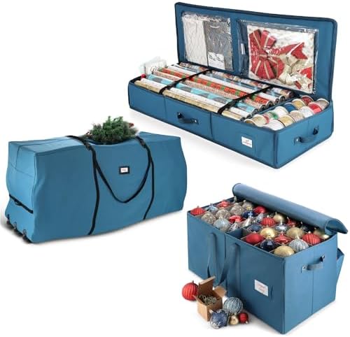 Hearth & Harbor Christmas Tree Storage Bag 7.5 ft, Wrapping Paper Storage Organizer Container & Large Christmas Ornament Storage Box With Adjustable Dividers