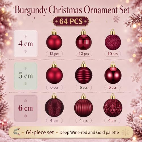 Lunmon 64 Pcs Burgundy Maroon Christmas Ball Ornaments 1.57/1.97/2.36 Inch