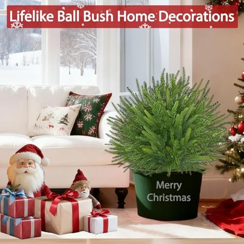 2 Pack 24'' Artificial Norfolk Christmas Topiary Ball Trees, Realistic Norfolk Pine Topiary with Spike Fake Ball Shrubs Plants Christmas Pot Fillers Outdoor Front Porch Door Garden Yard Decorations