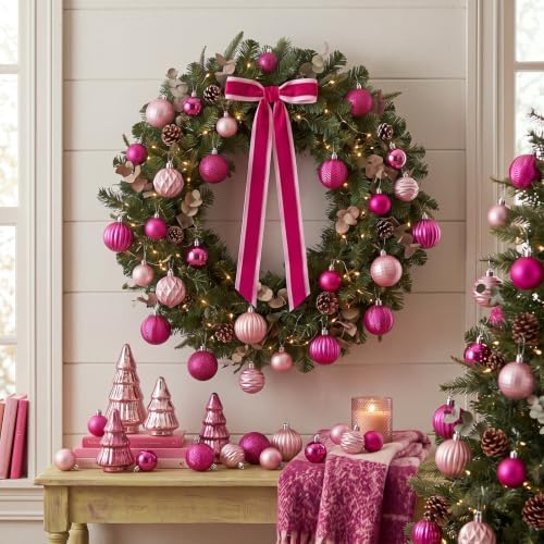 Lunmon 64 Pcs Hot and Light Pink Christmas Ball Ornaments Set