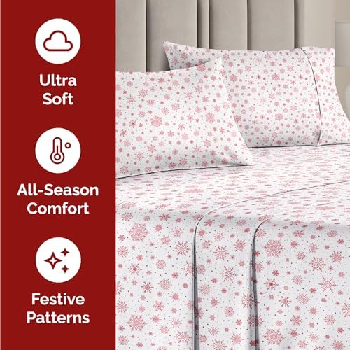 Christmas Sheet Set, Red Snowflakes, Holiday Xmas Bedding Set - Twin XL