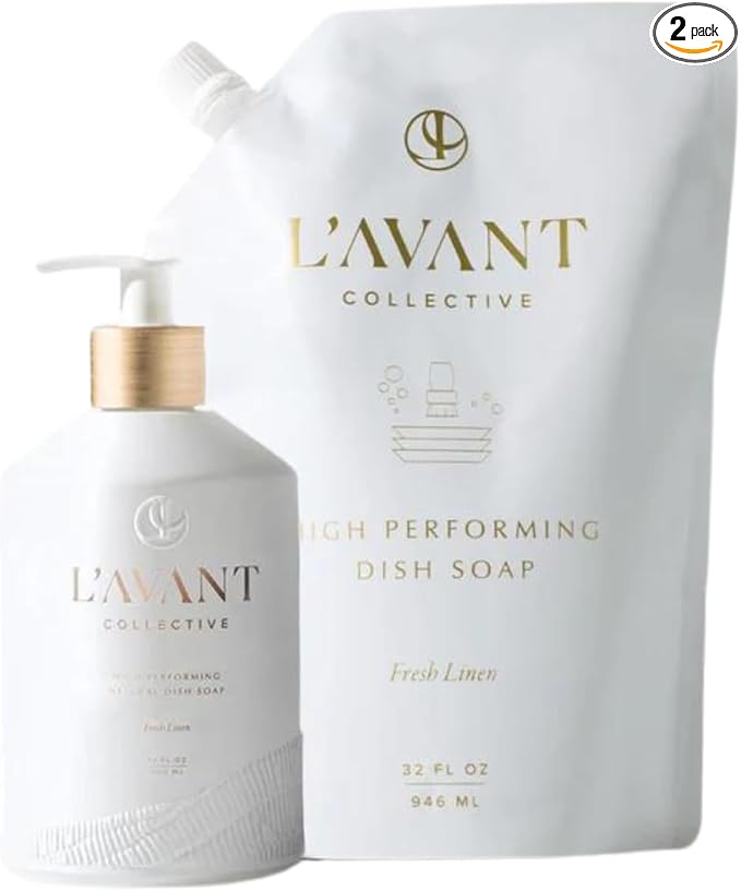 L'AVANT Collective Dish Soap & Refill Bundle Fresh Linen | High Performing with Aloe Leaf Juice Notes of Bamboo, Ylang Ylang, Jasmine, Geranium, Sage Reusable Glass Bottle Kitchen Home Decor Gifts