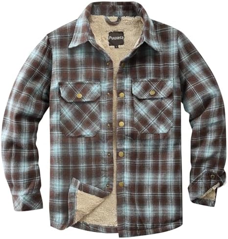 Men's Sherpa Cotton Flannel Shirt Jacket Plaid Button Coat Pocket