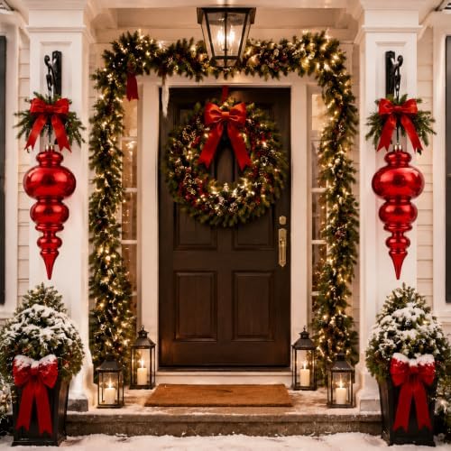 Soulchen 4 Pcs 12" Large Christmas Finial Drop Ornaments, Shiny, Red