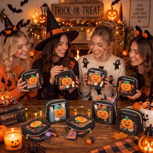 Abbylike 12 Pcs Halloween Preppy Patch Makeup Bags Bulk Polyester Holiday Makeup Bag Skincare Pouch Zipper Cosmetic Pouch Preppy Thing for Travel Halloween Women Gift (Frosted, Assorted Colors)