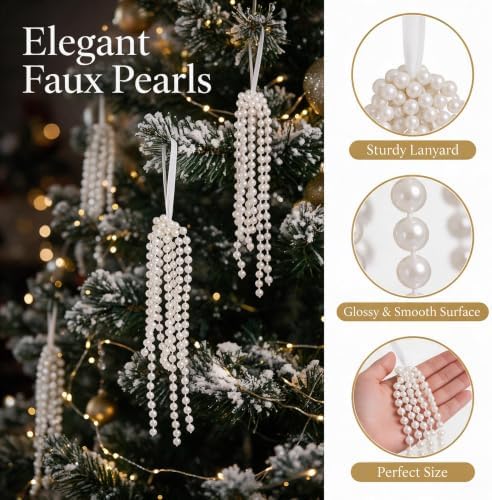 DIYDEC 18PCS Pearl Christmas Tree Ornaments 6in Hanging Tassel Decor