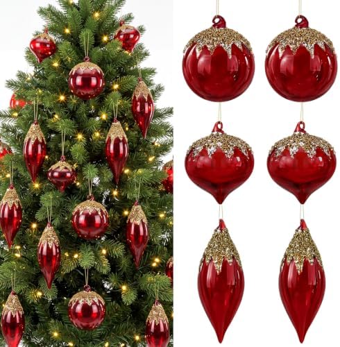 Yerliker 12 Pcs Red Christmas Glass Ball Ornaments Xmas Hanging Decoration