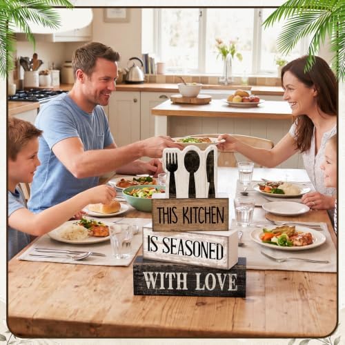 Moucuny 4 Pcs Kitchen Decor Wooden Signs, Farmhouse Tableware Tiered