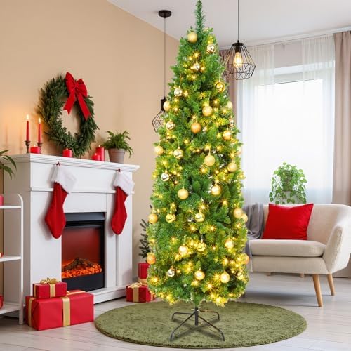 41 Pcs 7 Ft Artificial Slim Christmas Tree with 250 LED Warm White String Lights 40 Gold Ball Ornaments Skinny Thin Pencil Tree with Metal Stand for Home Xmas Holiday Party Decoration