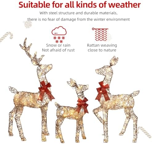 HOYECHI 4ft Christmas Decorations Outdoor Lighted Reindeer – 3-Piece 2D Deer Family Set with 145 Warm White LED Lights for Yard, Lawn, Garden & Porch Holiday Display - Rattan