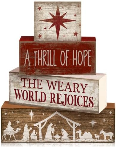 Lineshading 4 Pcs Christmas Table Decorations, Nativity Star Wooden Signs