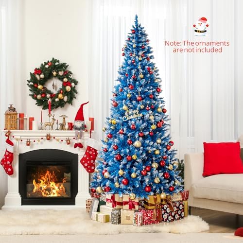 HAPPYGRILL 8 FT Pre-lit Christmas Tree Blue Hinged Artificial Xmas Tree with 420 Warm White LED Lights, 8 Modes, 1458 Frosted Branch Tips, Folding Metal Base, for Home Party Holiday