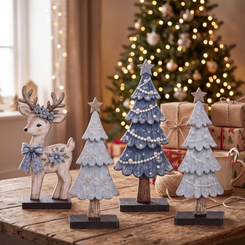 7 Pcs Christmas Table Decor Wooden Snowman Tree Deer Decor, Bule